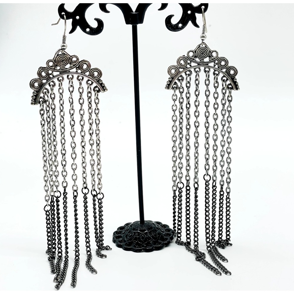 BKE Silver Tone Chain Fringe Tassel Long Dangle Pierced Statement Earrings